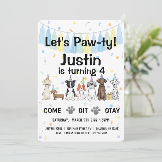 Junge Hunde Geschlecht neutral oder Junge Geburtst Einladung (Stehend Vorderseite)