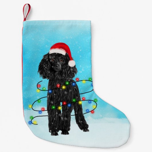 Junge Hündin sitzt im Schnee mit Weihnachtsmannmüt Kleiner Weihnachtsstrumpf (Vorderseite)