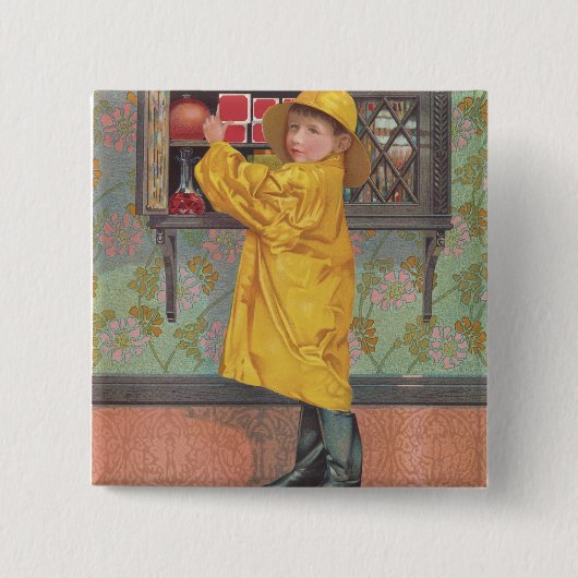 Junge im Regenmantel Button (Vorderseite)