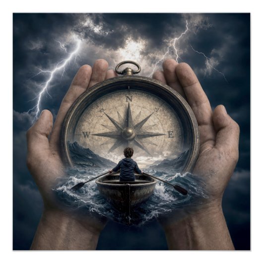 Junge im Ruderboot, geführt von einem Kompass Poster (Vorderseite)