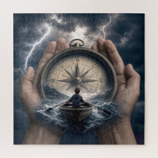 Junge im Ruderboot, geleitet von einem Kompass Puzzle (Vertikal)