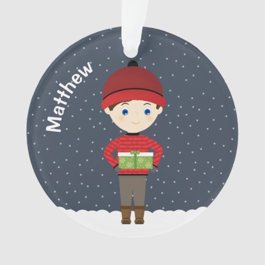 Junge im Winter Schneefall Ornament (Vorderseite)