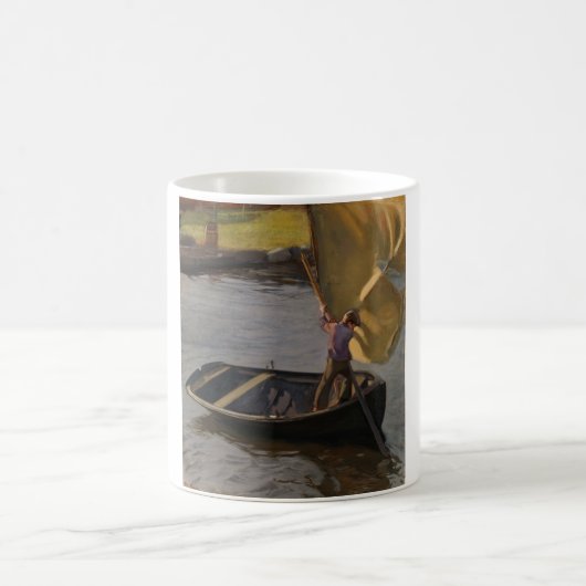 Junge in einem Sailboat am Fluss (von Magnus Encke Kaffeetasse (Mittel)