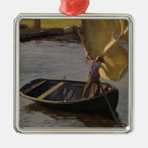 Junge in einem Segelboot auf dem Fluss (von Magnus Ornament Aus Metall