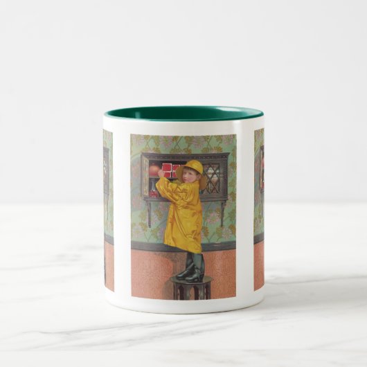 Junge in Raincoat Zweifarbige Tasse (Mittel)