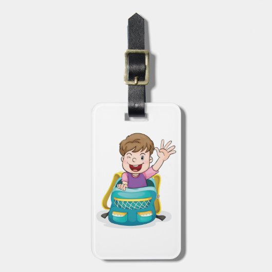 Junge in Rucksack Wave Fun School Kind Gepäckanhänger (Vorderseite vertikal)
