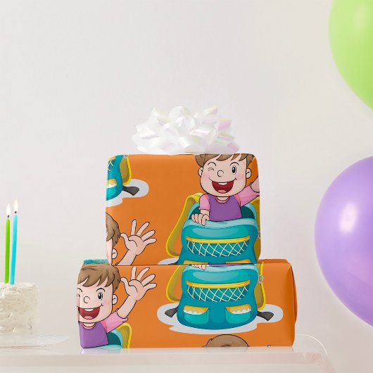 Junge in Rucksack Wave Fun School Kind Geschenkpapier