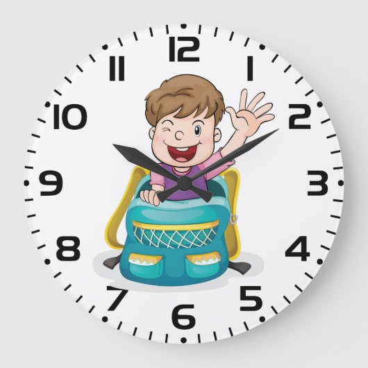 Junge in Rucksack Wave Fun School Kind Große Wanduhr (Vorderseite)