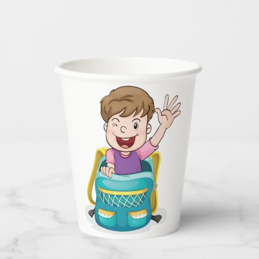 Junge in Rucksack Wave Fun School Kind Pappbecher (Vorderseite)