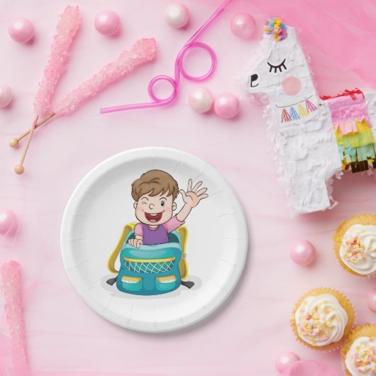 Junge in Rucksack Wave Fun School Kind Pappteller (Party)