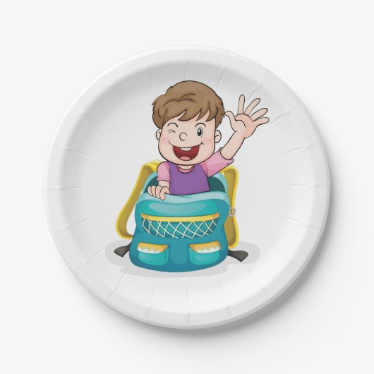 Junge in Rucksack Wave Fun School Kind Pappteller (Vorderseite)