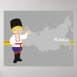 Junge in traditioneller russischer Kleidung vor Poster