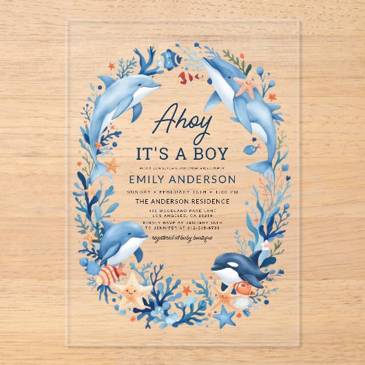 Junge ist unter der Blue-Baby-Dusche von Sea Acryleinladungen (Vorderseite)