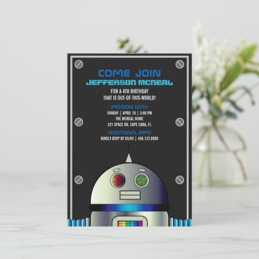 Junge JA AGE Space ROBOT BIRTHDAY Science Party Einladung (Stehend Vorderseite)
