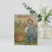 Junge Jack O Lantern Kürbis Heuhaufen Vollmond Postkarte (Stehend Vorderseite)