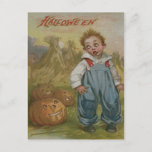 Junge Jack O Lantern Kürbis Heuhaufen Vollmond Postkarte