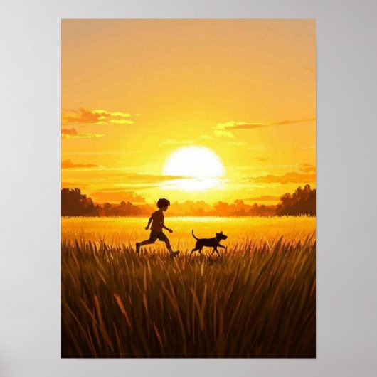 Junge Junge, die mit Hund bei Sonnenuntergang renn Poster (Vorne)