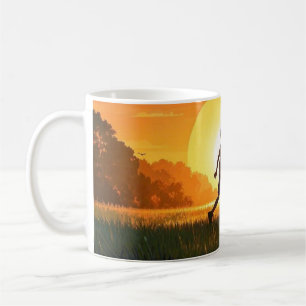 Junge Junge mit Hund bei Sonnenuntergang Kaffeetasse