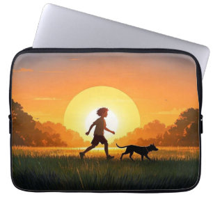 Junge Junge mit Hund bei Sonnenuntergang Laptopschutzhülle