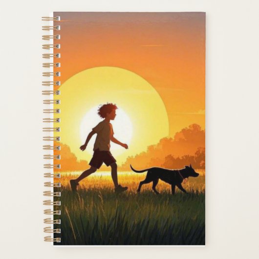 Junge Junge mit Hund bei Sonnenuntergang Planer (Vorderseite)