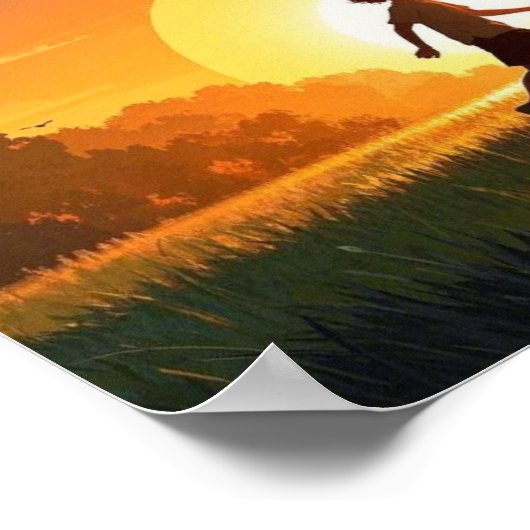 Junge Junge mit Hund bei Sonnenuntergang Poster (Ecke)