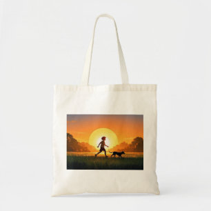 Junge Junge mit Hund bei Sonnenuntergang Tragetasche