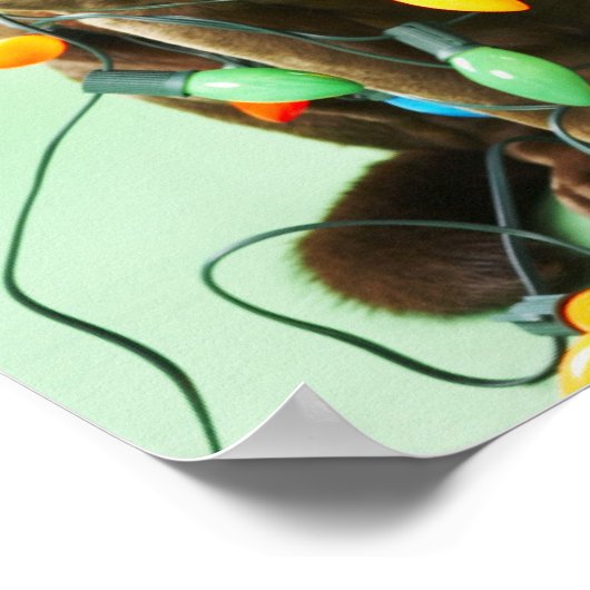 Junge Junge packt Weihnachtsleuchten um einen Hund Poster (Ecke)