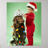 Junge Junge packt Weihnachtsleuchten um einen Hund Poster (Vorne)