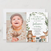 Junge Junge von Woodland-Tieren erstes Foto Einladung (Vorderseite)