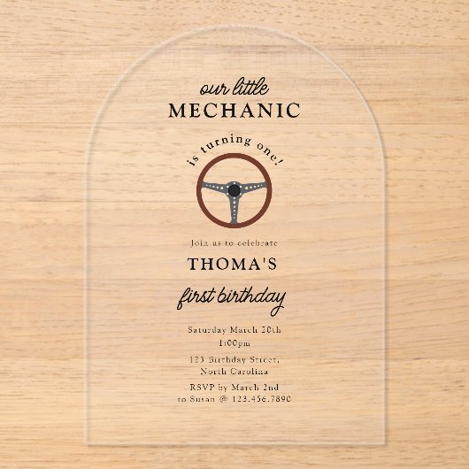 Junge Kindergeburtstag für Fahrzeugmechanik Acryleinladungen (Vorderseite)
