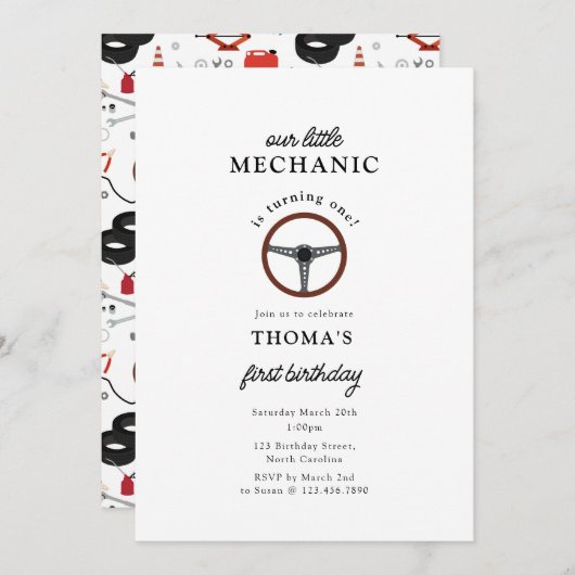 Junge Kindergeburtstag für Fahrzeugmechanik Einladung (Vorne/Hinten)