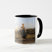 Junge Landfrauen, die ein Pferd zum Wasser nehmen Tasse (VorderseiteRechts)