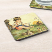 Junge las unter Baum mit Kaninchen Getränkeuntersetzer (Linke Seite)