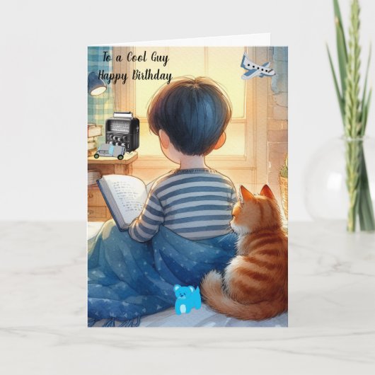 Junge lesen Bücher mit Cat Birthday Karte (Vorderseite)