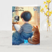 Junge lesen Bücher mit Cat Birthday Karte (Gelbe Blume)