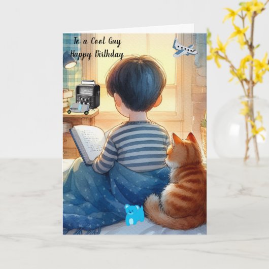 Junge lesen Bücher mit Cat Birthday Karte (Gelbe Blume)