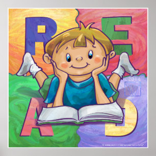 Junge lesen LESE farbiges Poster