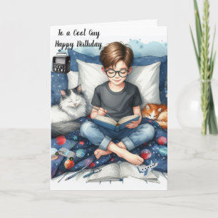 Junge liest Bücher mit Katzen Geburtstag  Karte