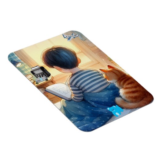 Junge liest Bücher mit seiner Katze Magnet (Rechte Seite)