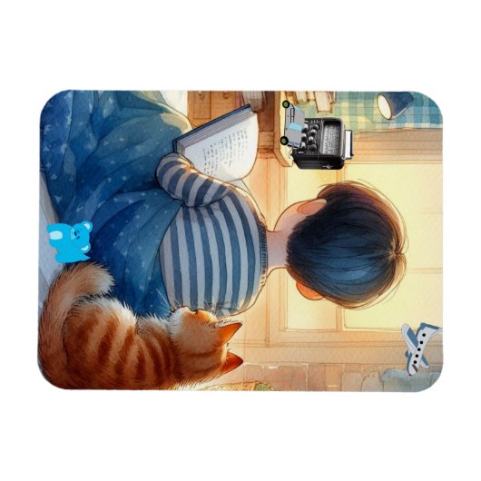 Junge liest Bücher mit seiner Katze Magnet (Horizontal)