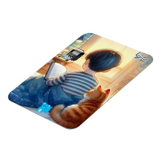 Junge liest Bücher mit seiner Katze Magnet (Linke Seite)