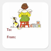 Junge liest Geschenkmarke Quadratischer Aufkleber (Vorderseite)