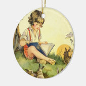 Junge liest unter einem Baum mit Kaninchen Keramikornament (Links)