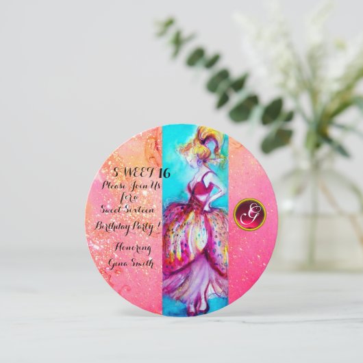 JUNGE MÄDCHEN 16 PARTY, rosa Glitzern Monogramm Einladung (Stehend Vorderseite)