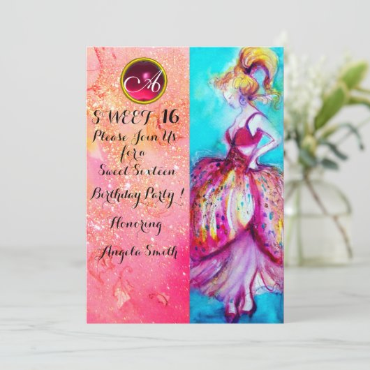 JUNGE MÄDCHEN 16 PARTY, rosa Glitzern Monogramm Einladung (Stehend Vorderseite)