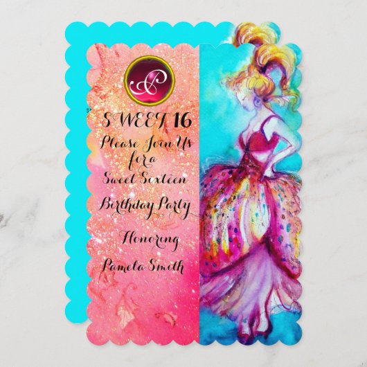 JUNGE MÄDCHEN 16 PARTY, rosa Glitzern Monogramm Einladung (Vorne/Hinten)