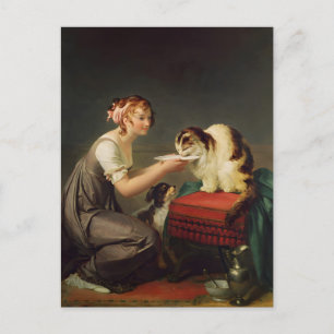 Junge Mädchen, die ihrer Katze Milch geben Postkarte