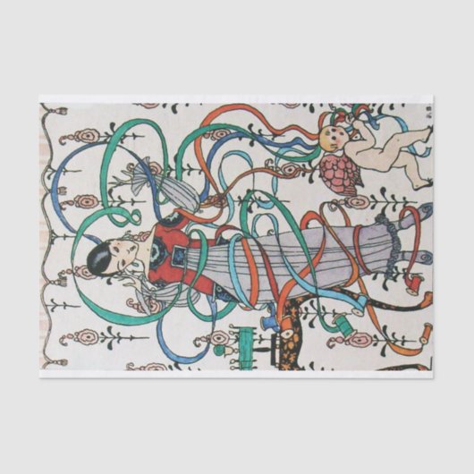 JUNGE MÄDCHEN, FARBBONNE WIRBEL, KUPID Geburtstag Seidenpapier (Vorderseite)