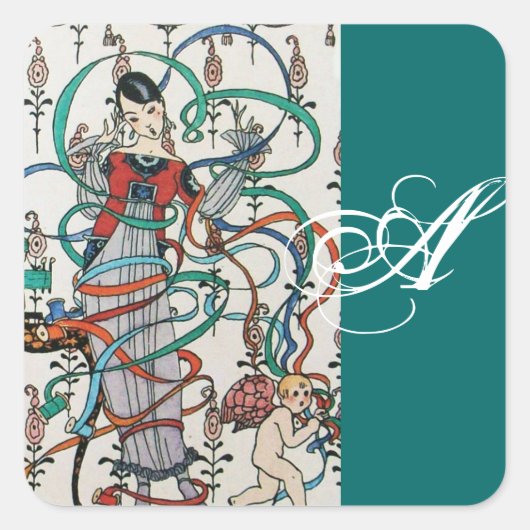 JUNGE MÄDCHEN, FARBBONNE WIRBEL, KUPID MONOGRAMM QUADRATISCHER AUFKLEBER (Vorderseite)