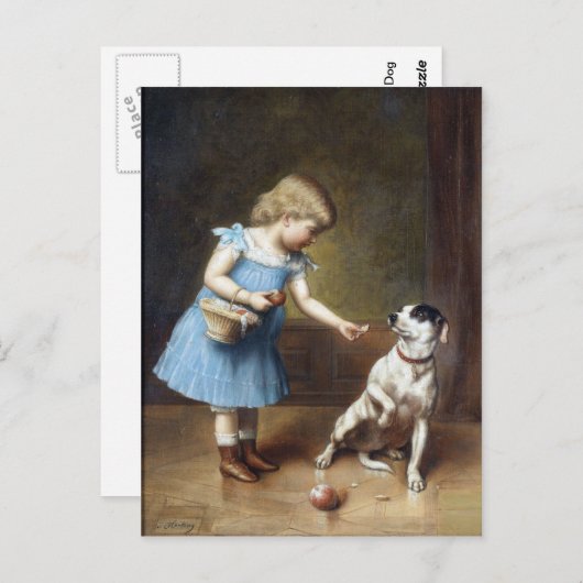 Junge Mädchen Fütterte einen Hund von Carl Reicher Postkarte (Vorne/Hinten)